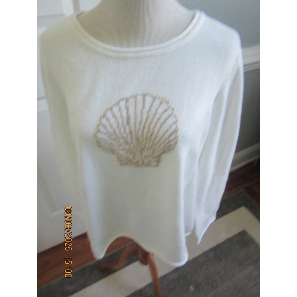 NEW CUTE APPLESEEDS PETITE WHITE  COTTON SWEATER WITH TAN SEASHELL  P XL